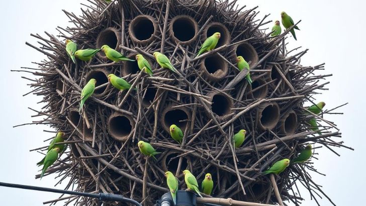 A massive communal stick nest built by monk parakeets, showing multiple chambers and entrances