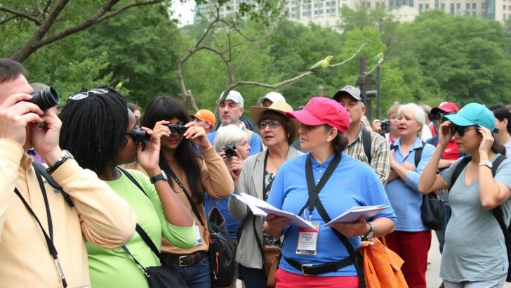 Birdwatchers documenting monk parakeet behavior as part of community science initiatives
