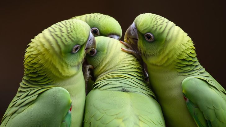 Monk parakeets engaging in social behaviors, including mutual feeding and preening