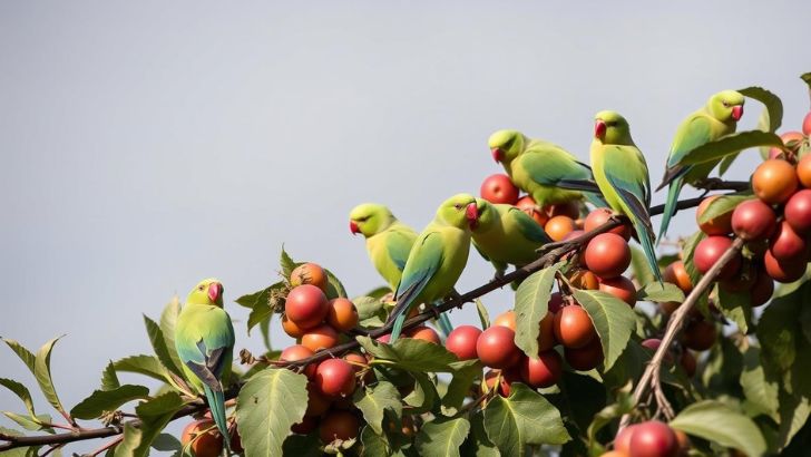 Monk parakeets feeding on crops, highlighting concerns about their potential agricultural impact
