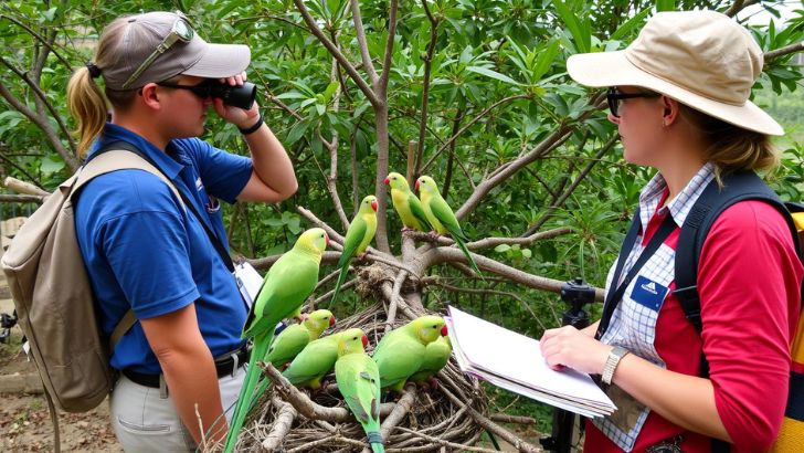 Researchers monitoring monk parakeet populations as part of conservation efforts