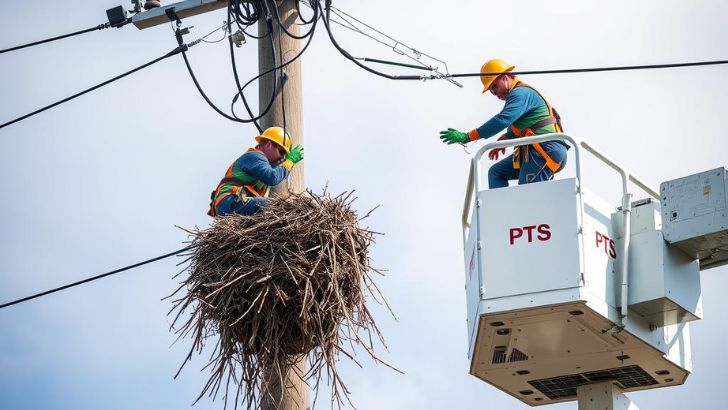 Utility workers safely relocating a monk parakeet nest from electrical infrastructure